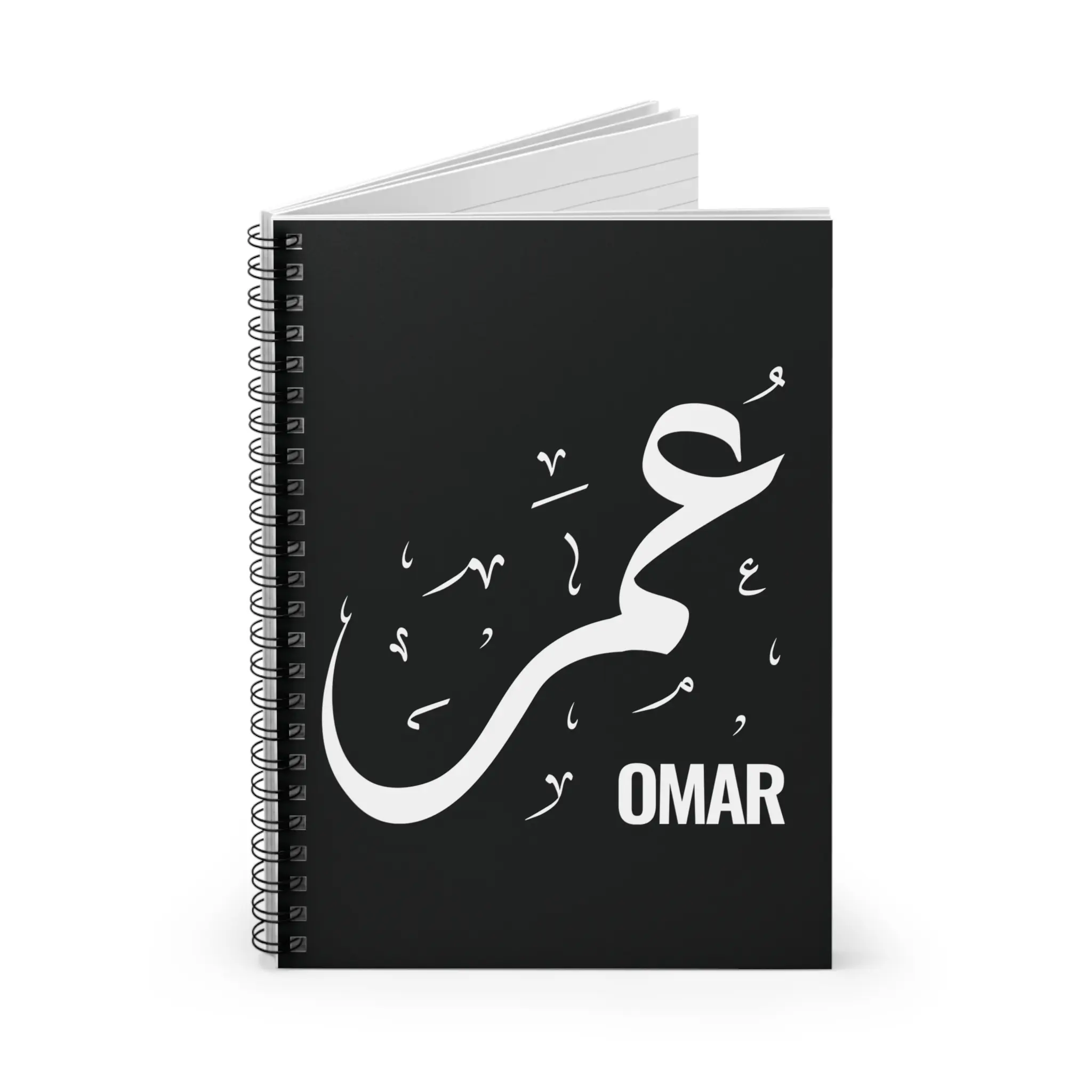 Product mockup of Omar personalized Arabic name Diwani calligraphy notebook - various angles images - binmahmood