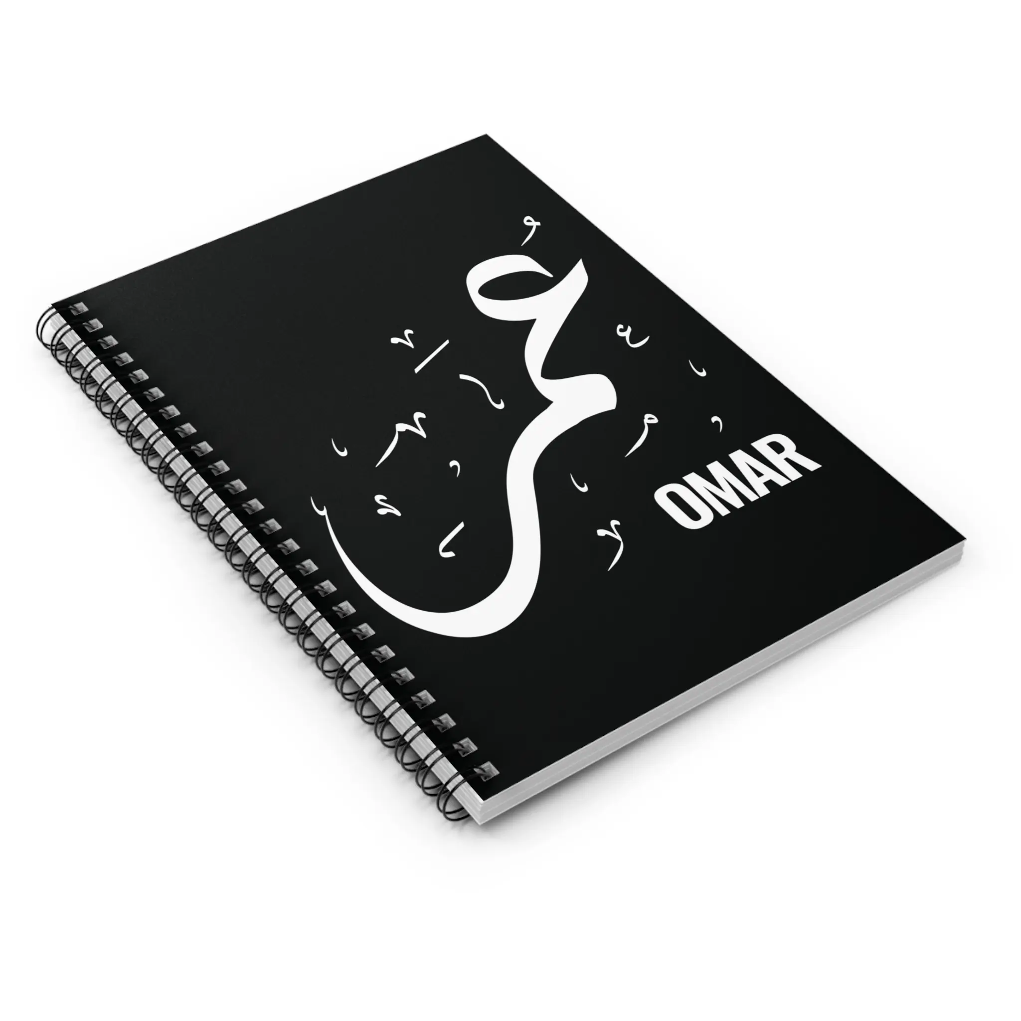 Product mockup of Omar personalized Arabic name Diwani calligraphy notebook - various angles images - binmahmood