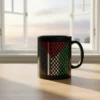 Personalized Arabic calligraphy name integrated with a full-color Palestine Flag Keffiyeh pattern on a premium black ceramic BinMahmood mug.