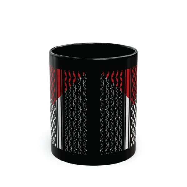 Personalized Arabic calligraphy name integrated with a full-color Palestine Flag Keffiyeh pattern on a premium black ceramic BinMahmood mug.