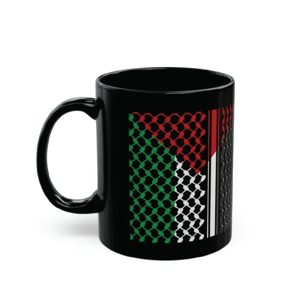 Personalized Arabic calligraphy name integrated with a full-color Palestine Flag Keffiyeh pattern on a premium black ceramic BinMahmood mug.