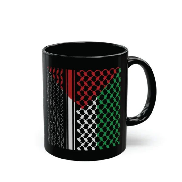 Personalized Arabic calligraphy name integrated with a full-color Palestine Flag Keffiyeh pattern on a premium black ceramic BinMahmood mug.