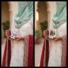 Close-up of hands with dark henna patterns holding a white ceramic mug. Side one shows a maroon colour Komal Diwani Arabic calligraphy design, side two shows a social media post interface. Subject wears a cream embroidered outfit with a maroon dupatta.