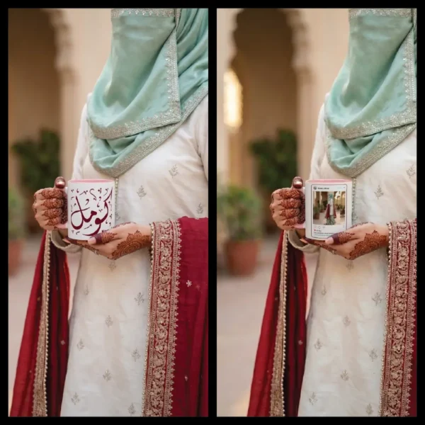 Close-up of hands with dark henna patterns holding a white ceramic mug. Side one shows a maroon colour Komal Diwani Arabic calligraphy design, side two shows a social media post interface. Subject wears a cream embroidered outfit with a maroon dupatta.