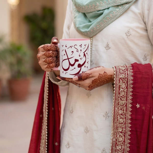Close-up of hands with dark henna patterns holding a white ceramic mug. Side one shows a maroon Komal Diwani Arabic calligraphy design, side two shows a social media post interface. Subject wears a cream embroidered outfit with a maroon dupatta.