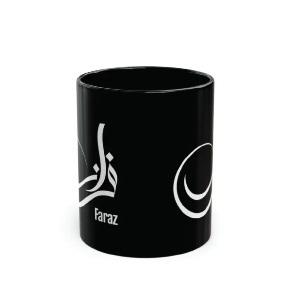 Close-up of a model holding a black ceramic mug with the name Faraz rendered in white Sunbuli-style Arabic calligraphy. The script features a dramatic, modern curve with high-contrast digital precision.
