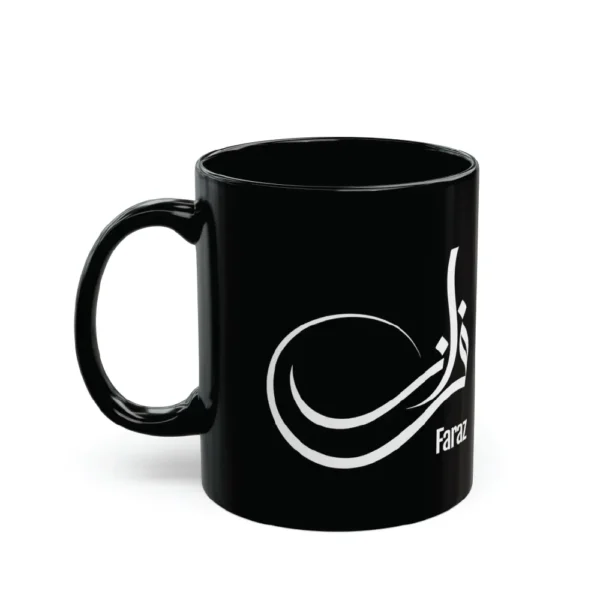 Close-up of a model holding a black ceramic mug with the name Faraz rendered in white Sunbuli-style Arabic calligraphy. The script features a dramatic, modern curve with high-contrast digital precision.