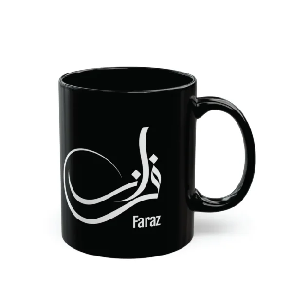 Close-up of a model holding a black ceramic mug with the name Faraz rendered in white Sunbuli-style Arabic calligraphy. The script features a dramatic, modern curve with high-contrast digital precision.