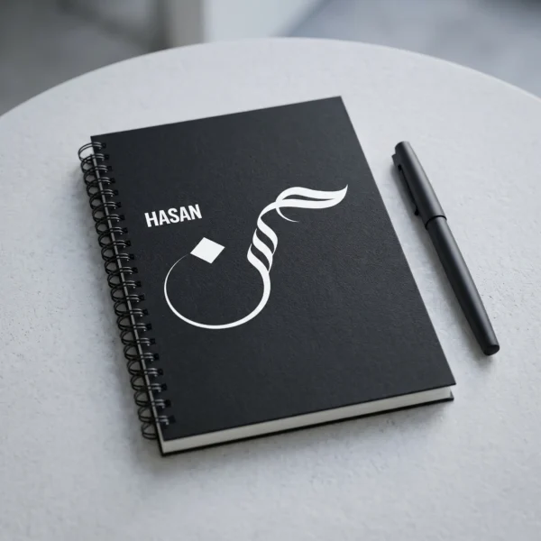 Product photography of Hasan name Arabic Sunbuli calligraphy spiral notebook placed on a table with a pen - binmahmood