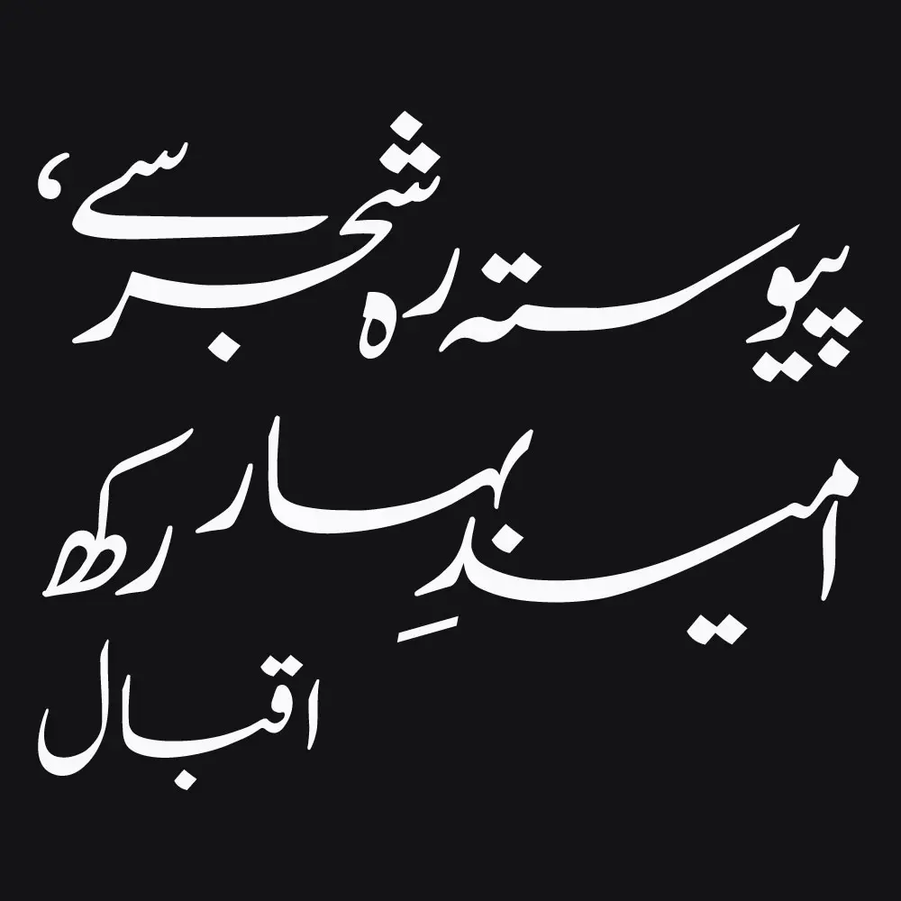 Digital Urdu calligraphy of Allama Iqbal's verse — Pewasta Reh Shajar Se Umeed Bahar Rakh — hand-crafted by BinMahmood using a mouse, white Nastaliq script on black background