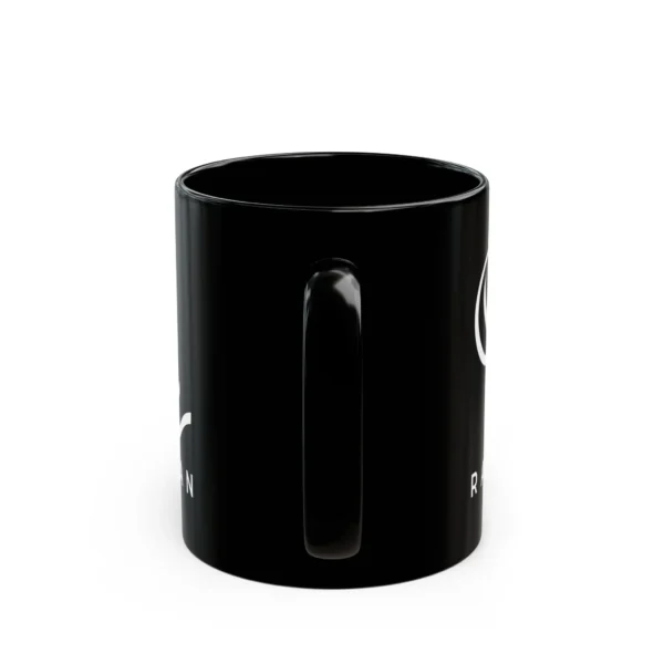 Product mockup of the Rayyan Arabic fusion calligraphy black ceramic mug on a white background.