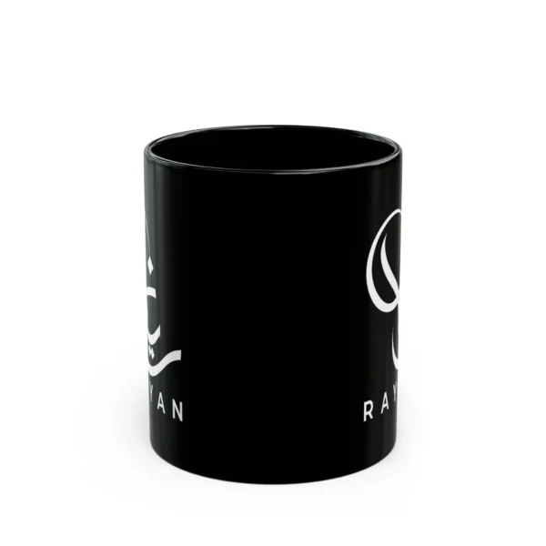 Product mockup of the Rayyan Arabic fusion calligraphy black ceramic mug on a white background.