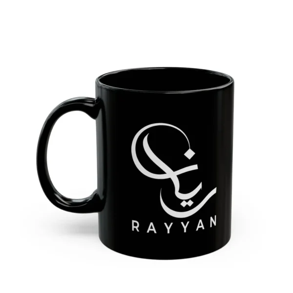 Product mockup of the Rayyan Arabic fusion calligraphy black ceramic mug on a white background.