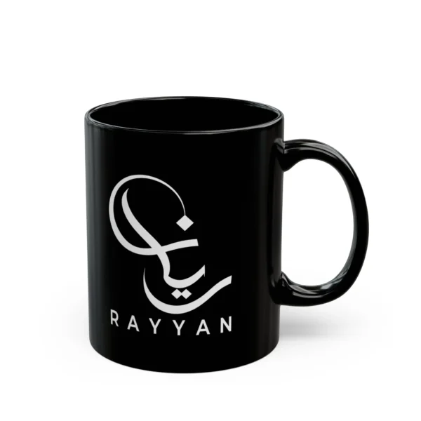 Product mockup of the Rayyan Arabic fusion calligraphy black ceramic mug on a white background.