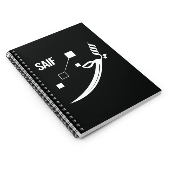 Product mockup with white background of Saif personalized Arabic name Sunbuli calligraphy notebook - various angles images - binmahmood