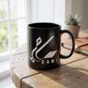 Sami personalized Arabic calligraphy black mug on a wooden table in bright natural light.