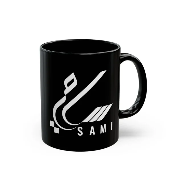 ck ceramic mug personalized with the name Sami in Arabic calligraphy and English lettering, shown on a plain white background.
