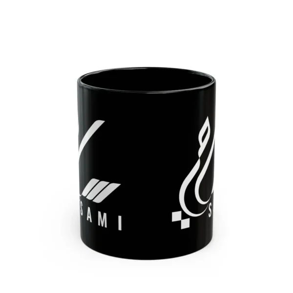 ck ceramic mug personalized with the name Sami in Arabic calligraphy and English lettering, shown on a plain white background.