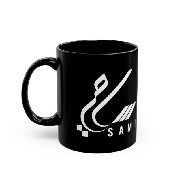 ck ceramic mug personalized with the name Sami in Arabic calligraphy and English lettering, shown on a plain white background.
