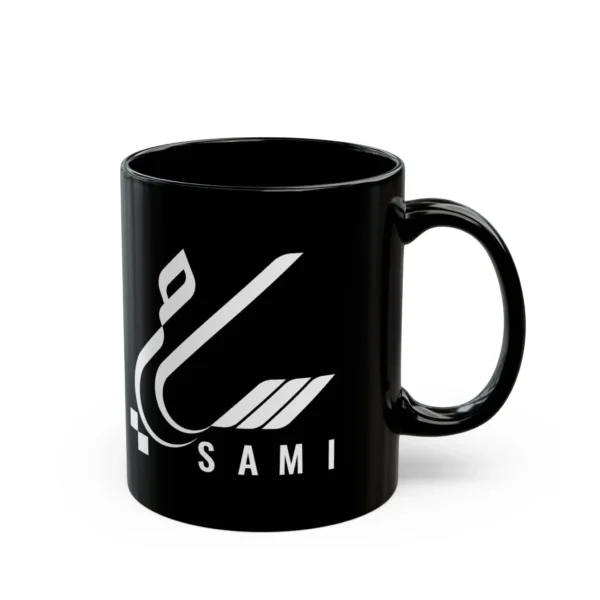 ck ceramic mug personalized with the name Sami in Arabic calligraphy and English lettering, shown on a plain white background.