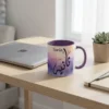 product photo shoot of Sania Arabic Diwani Calligraphy Mug placed on a table with a laptop and a notebook in the background