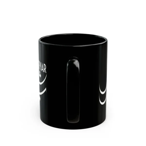 Shahreyar Urdu name mug in white Nastaliq calligraphy on black ceramic, personalized gift for him