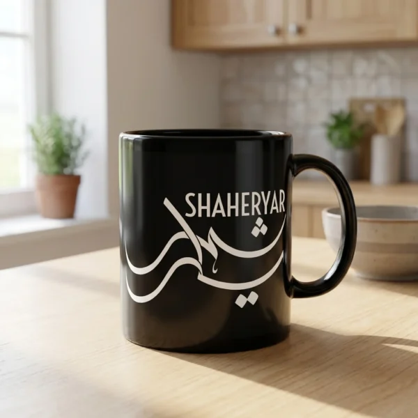 Product photoshoot of Shahreyar personalized Urdu Nastaliq calligraphy black mug, the mug is on a table top with blurred background - binmahmood