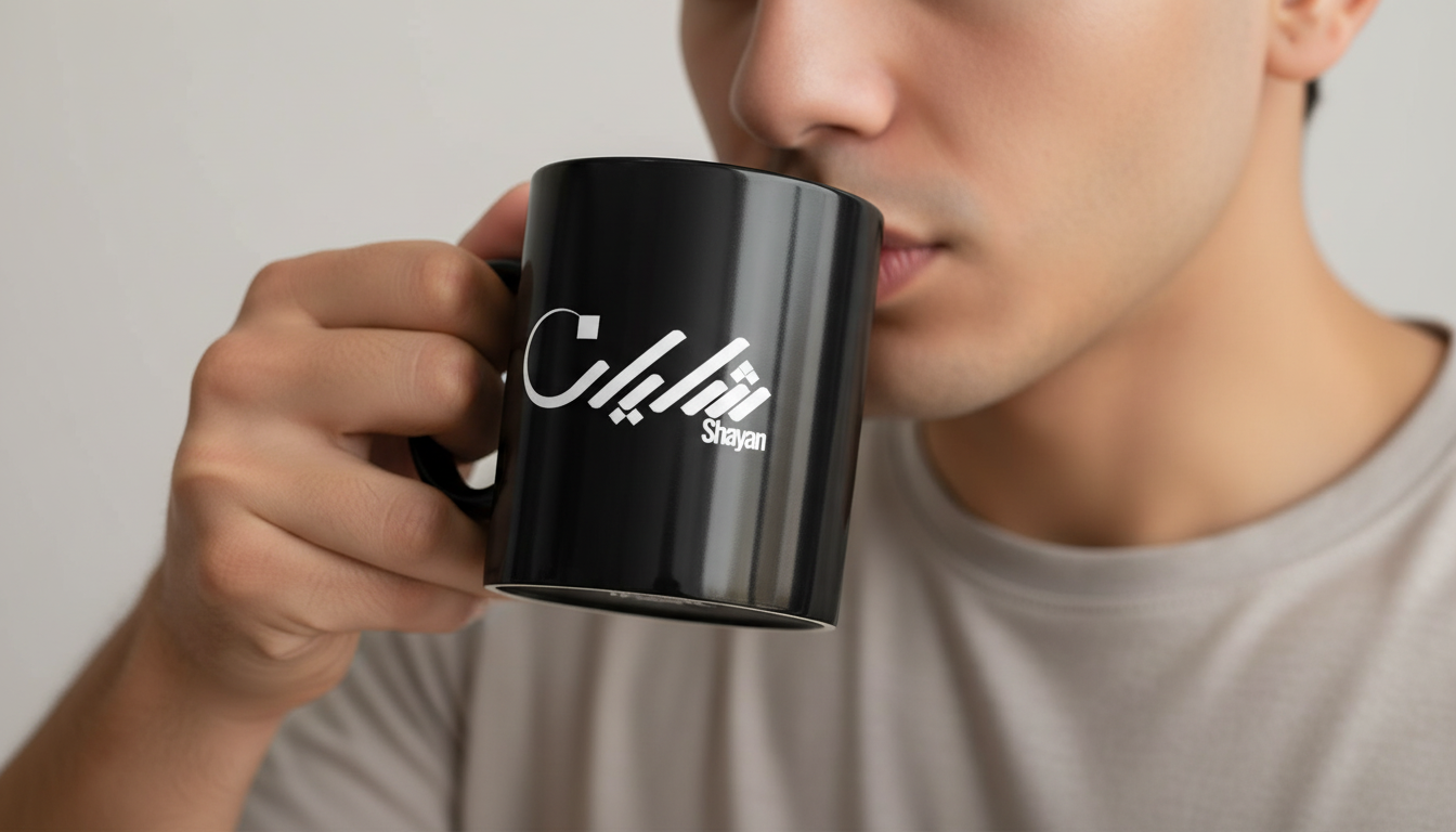 Model sipping coffee from personalized Shayan name design in Fusion Calligraphy on a premium black mug, mouse-crafted by BinMahmood.