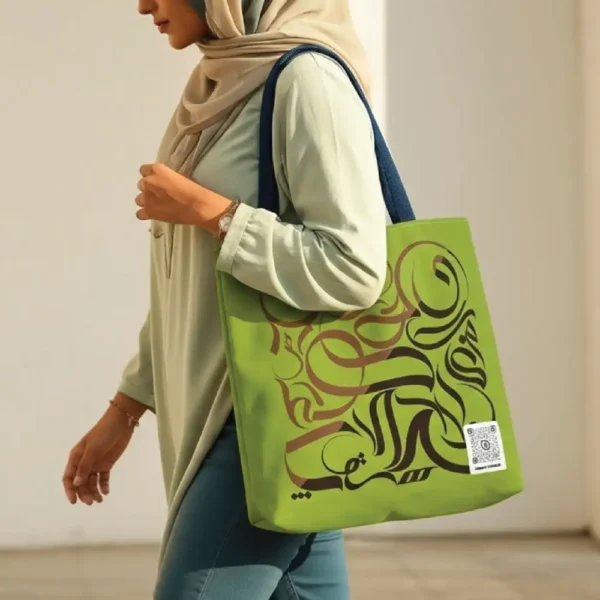 Personalized Sumbli Arabic calligraphy on a Kunafa Chocolate brown tote bag, available in 13x13, 16x16, and 18x18 inch sizes by BinMahmood