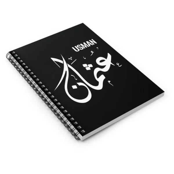 Product mockup with white background of Usman personalized Arabic name Sunbuli calligraphy notebook - various angles images - binmahmood