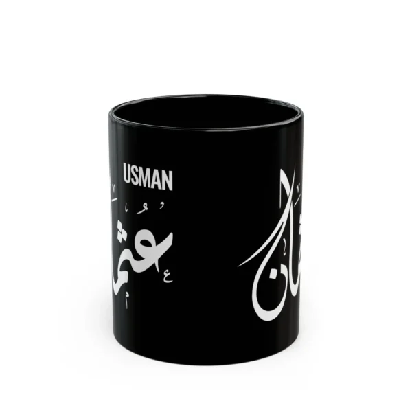 Usman Arabic name mug in black ceramic with white Diwani calligraphy, personalized Islamic gift for him - binmahmood