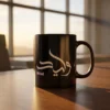 Lifestyle imge of Waleed name in Arabic calligraphy on a full black ceramic mug, placed on a wooden table — BinMahmood