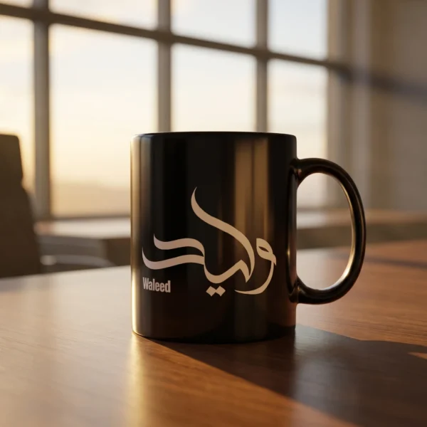 Lifestyle imge of Waleed name in Arabic calligraphy on a full black ceramic mug, placed on a wooden table — BinMahmood