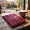 Zahra Arabic calligraphy journal lying on a university café table with coffee cup and blurred campus background