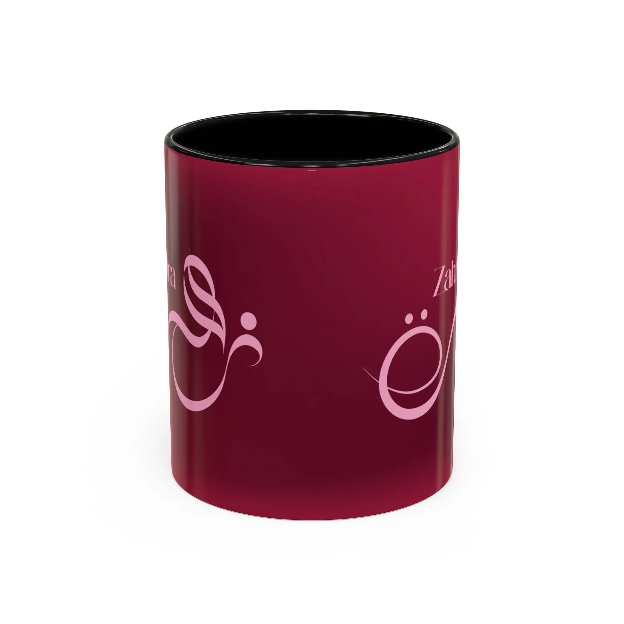 Isolated front product shot of the Zahra unique two tone ceramic cup over a solid white background highlighting clean edge to edge printing by BinMahmood.
