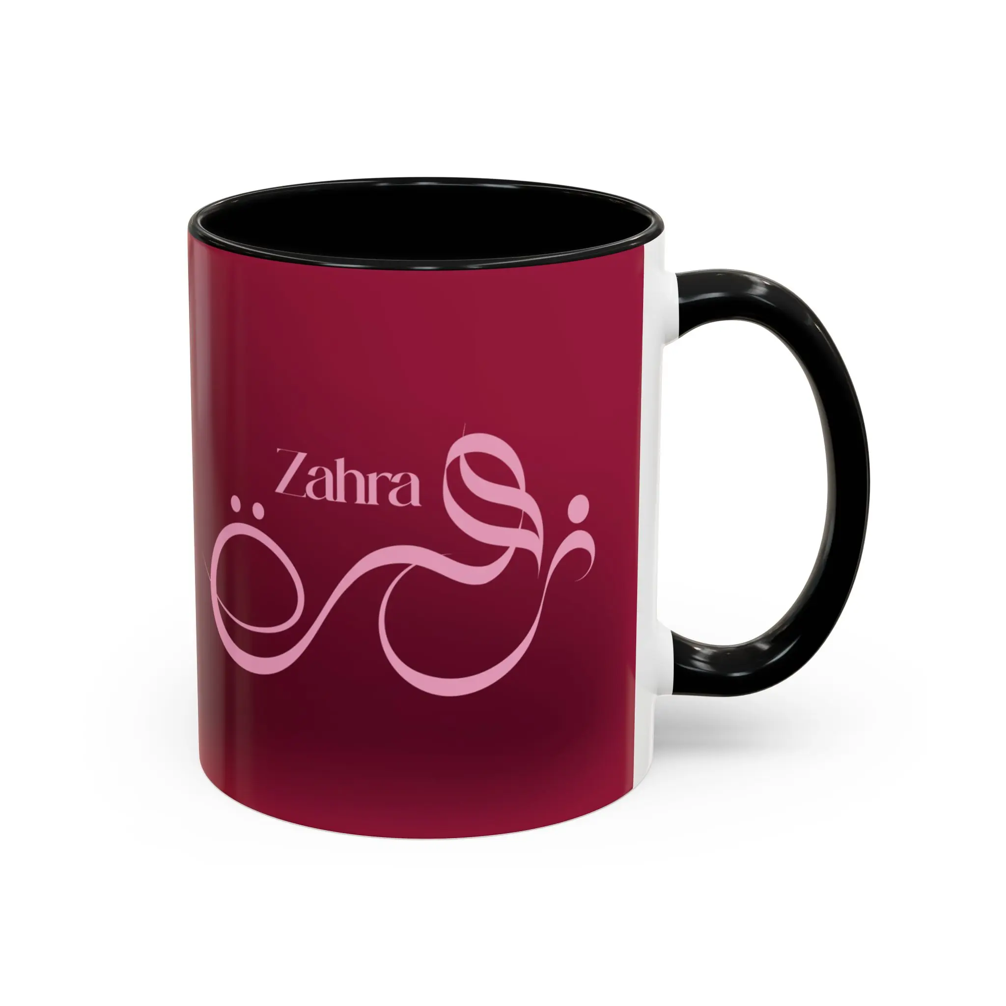 Isolated front product shot of the Zahra unique two tone ceramic cup over a solid white background highlighting clean edge to edge printing by BinMahmood.