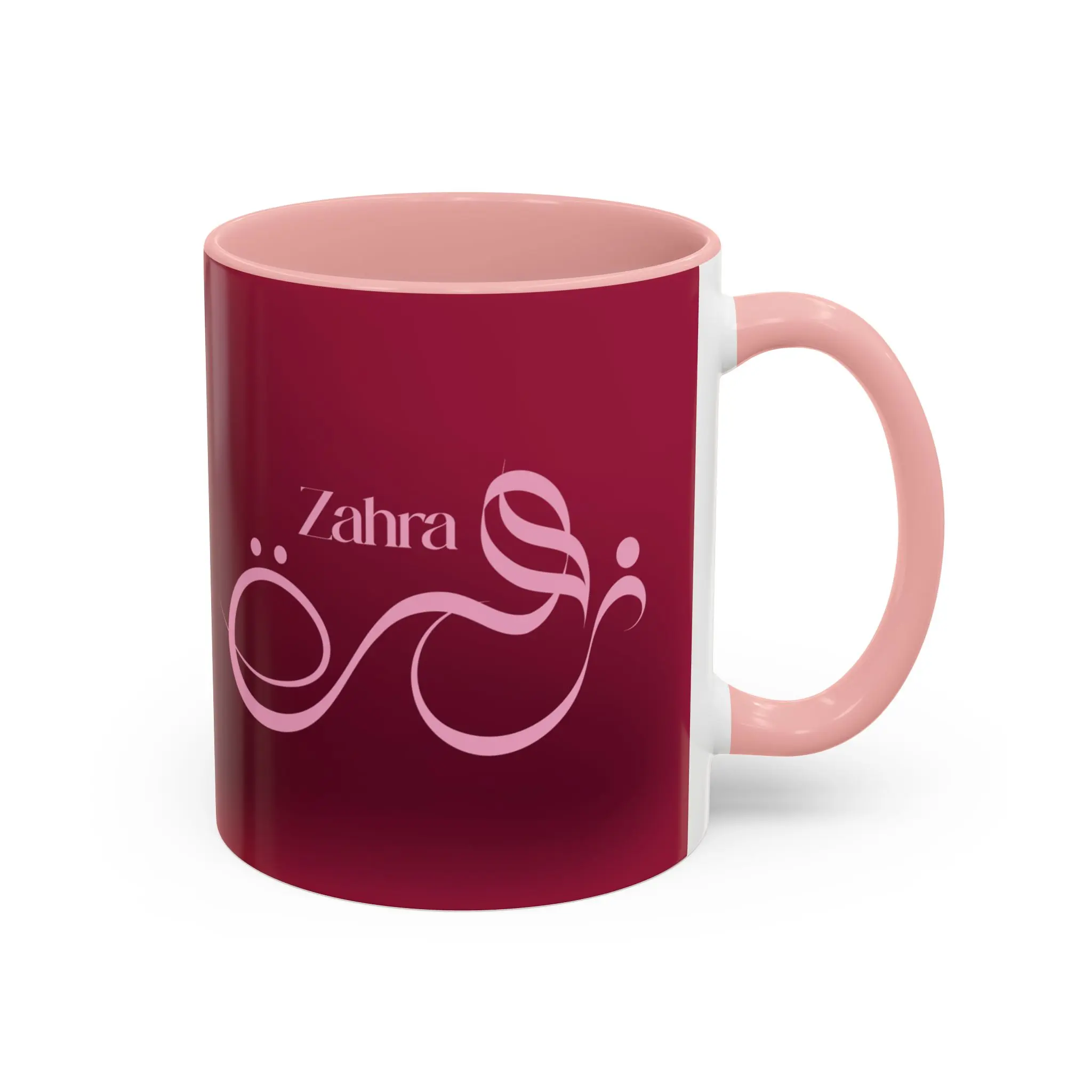 Isolated front product shot of the Zahra unique two tone ceramic cup over a solid white background highlighting clean edge to edge printing by BinMahmood.