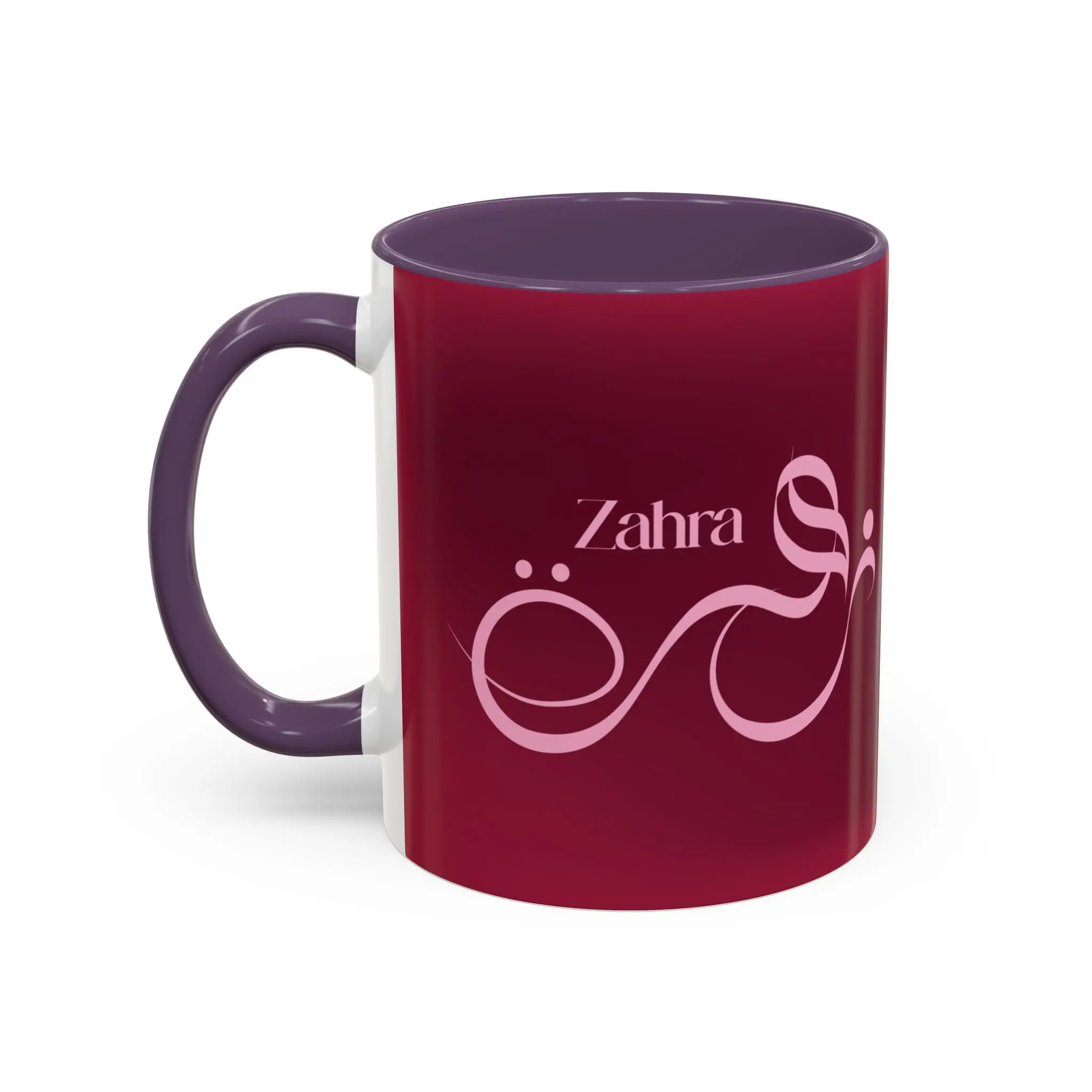 Isolated front product shot of the Zahra unique two tone ceramic cup over a solid white background highlighting clean edge to edge printing by BinMahmood.
