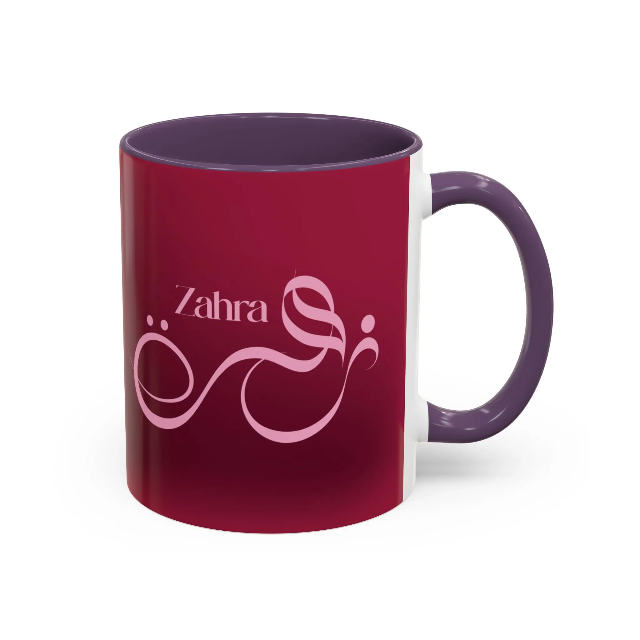 Isolated front product shot of the Zahra unique two tone ceramic cup over a solid white background highlighting clean edge to edge printing by BinMahmood.