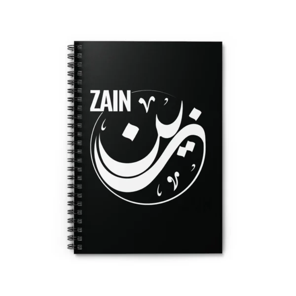 Product mockup with white background of Zain personalized Arabic name Sunbuli calligraphy notebook - various angles images - binmahmood