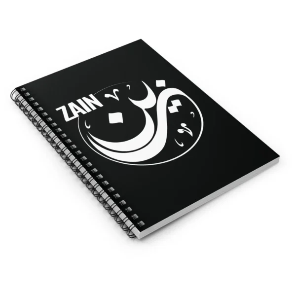 Product mockup with white background of Zain personalized Arabic name Sunbuli calligraphy notebook - various angles images - binmahmood