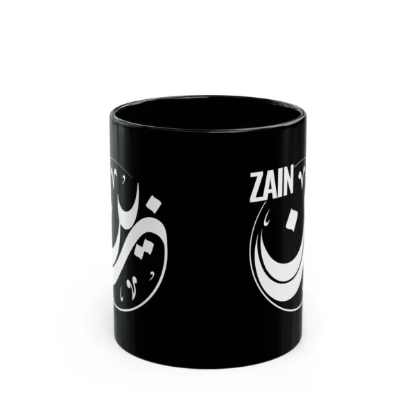 Zain Arabic name mug in black ceramic with white Diwani calligraphy and nuqta detailing, personalized Islamic gift for him