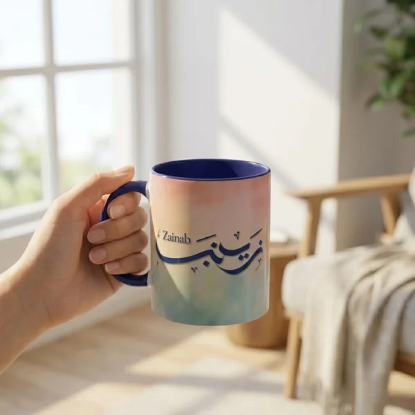 product photography of zainab personalized arabic fusion calligraphy two tone mug with dark blue inner and handle