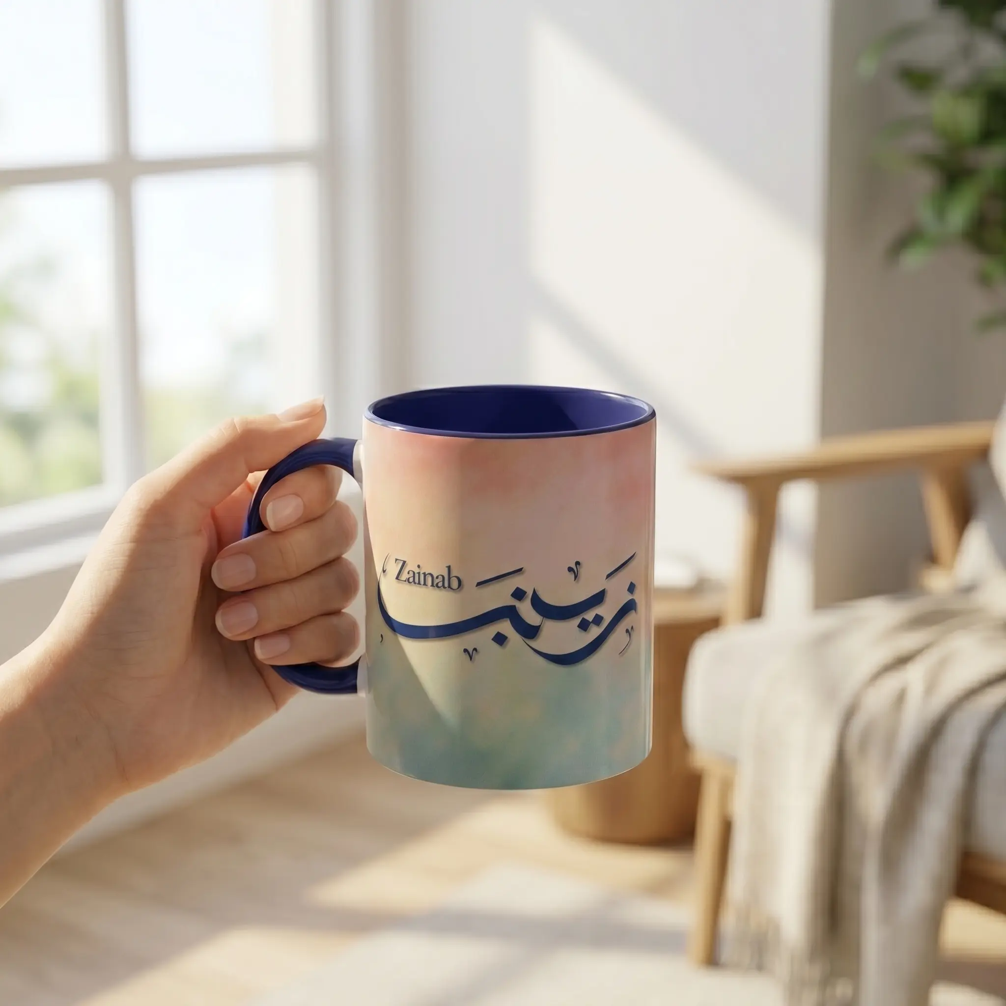 product photography of zainab personalized arabic fusion calligraphy two tone mug with dark blue inner and handle