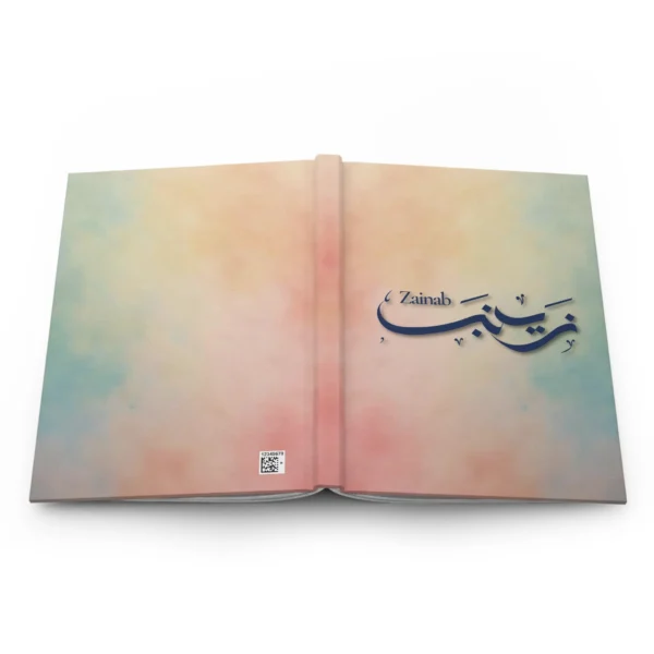 Zainab personalized Arabic calligraphy hardcover journal on white background