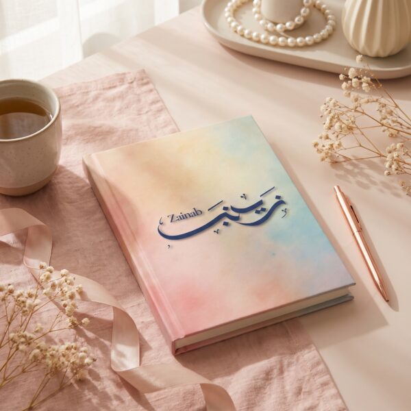 Zainab personalized Arabic calligraphy journal in an elegant pastel setting