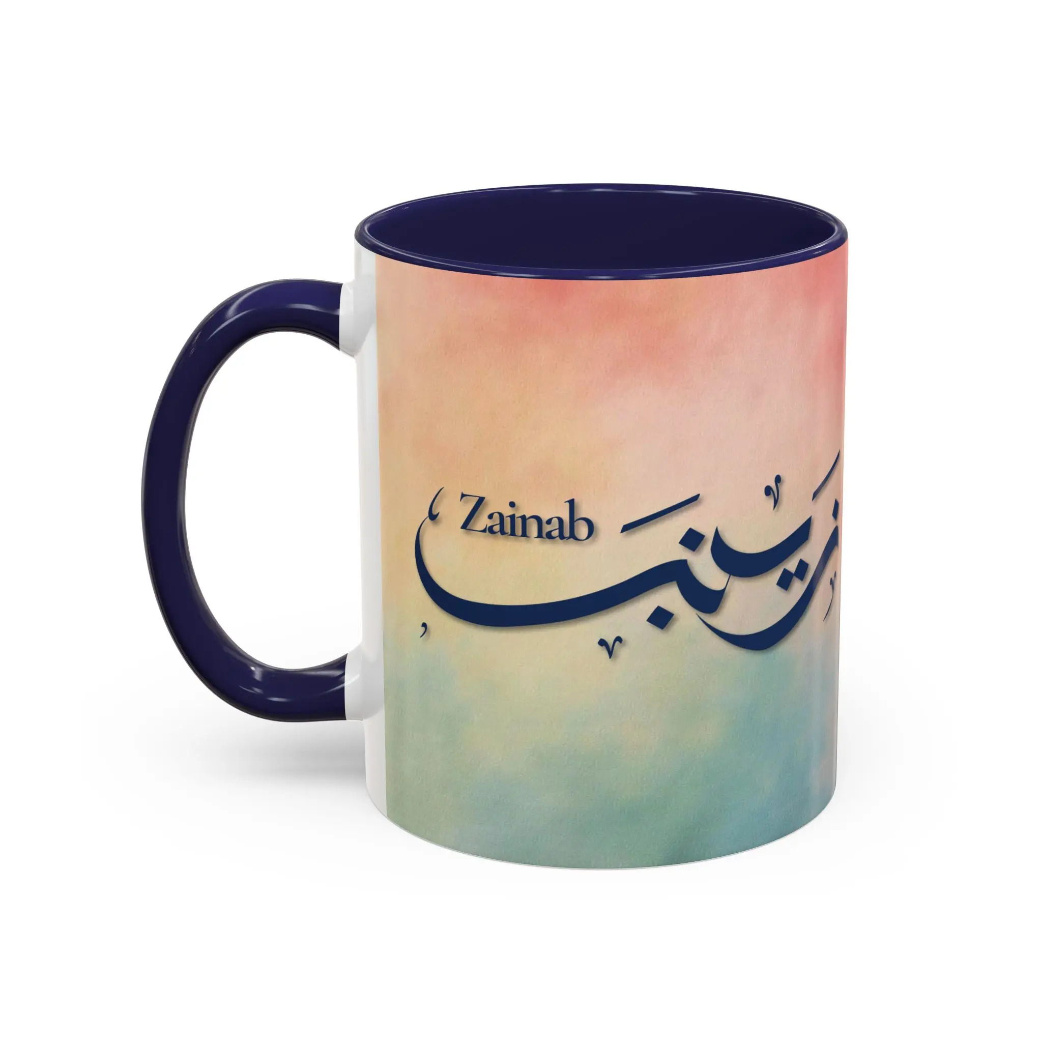 Zainab Arabic name mug with navy calligraphy on sunset gradient background, personalized Islamic gift for her