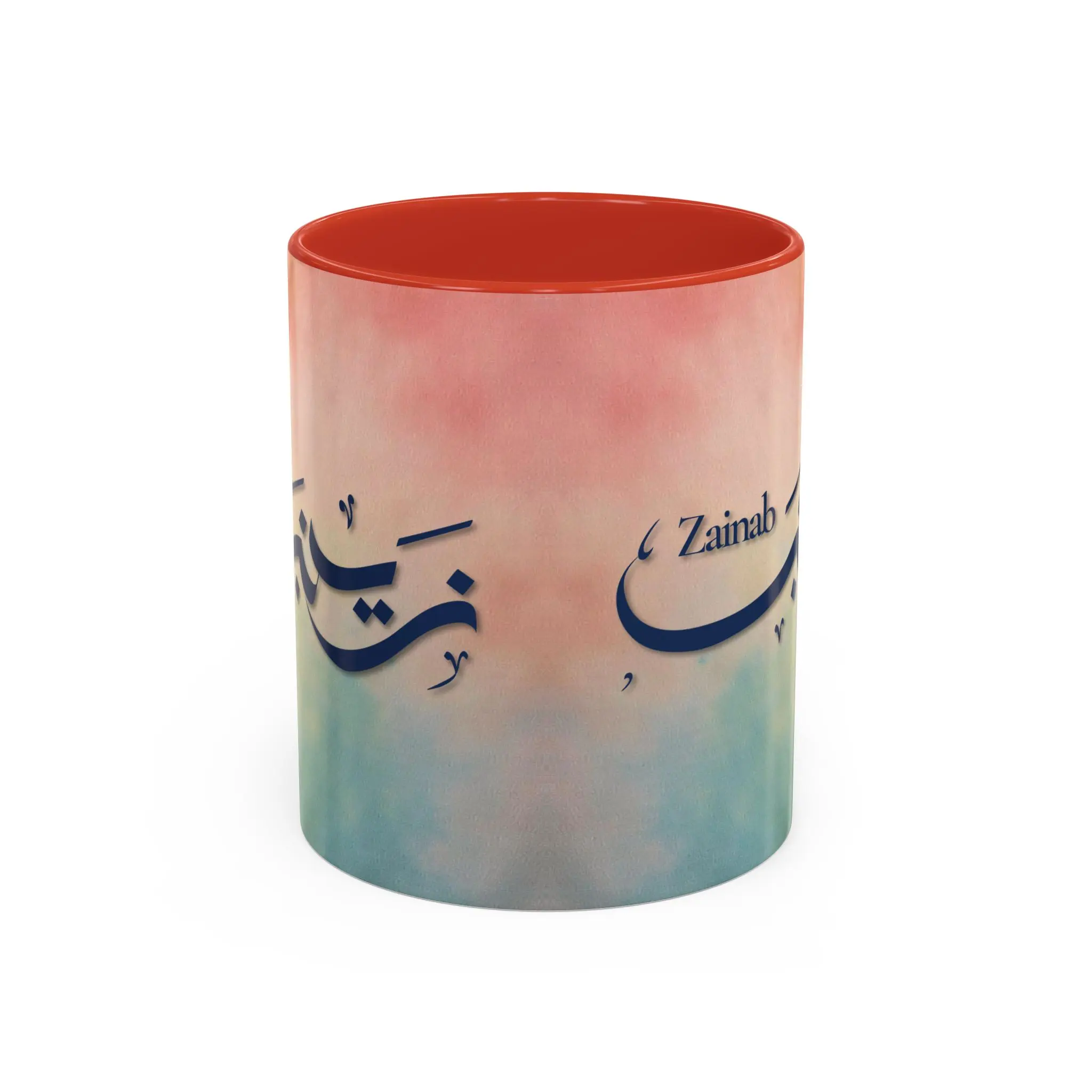 Zainab Arabic name mug with red calligraphy on sunset gradient background, personalized Islamic gift for her