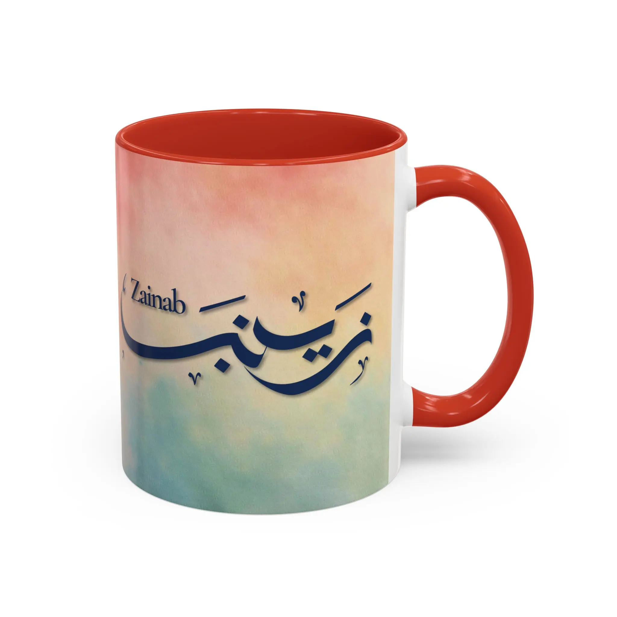 Zainab Arabic name mug with red calligraphy on sunset gradient background, personalized Islamic gift for her