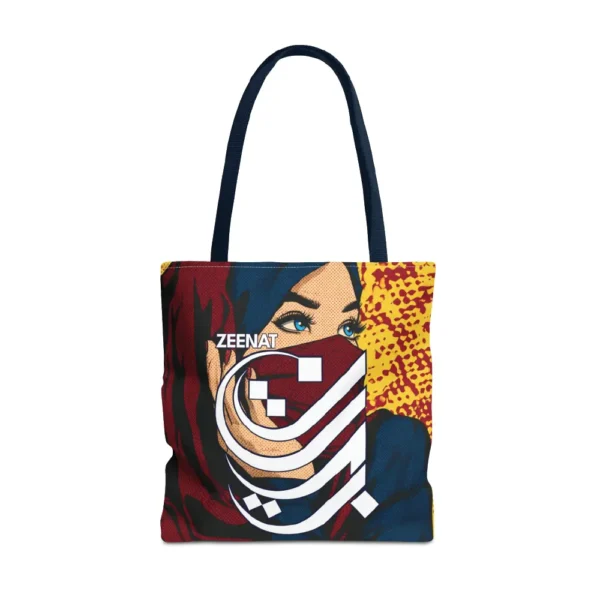 Product shot of the Zeenat personalised Arabic name tote bag showing premium structure, handle and boxed corners design by BinMahmood.